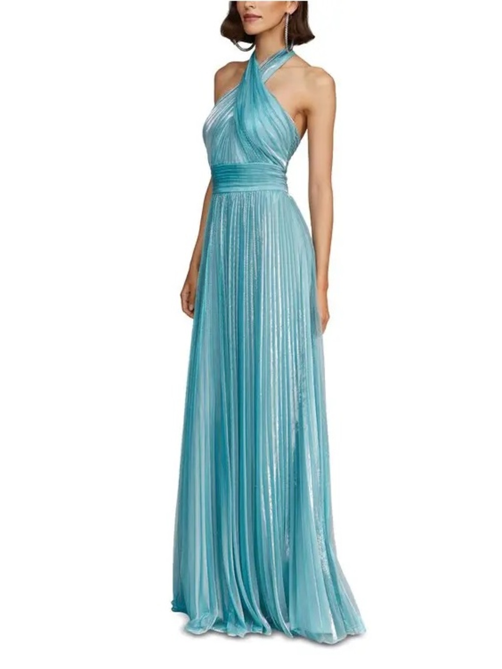 Halston Leilani Pleated Cross-Neck Maxi Dress in Aqua Blue